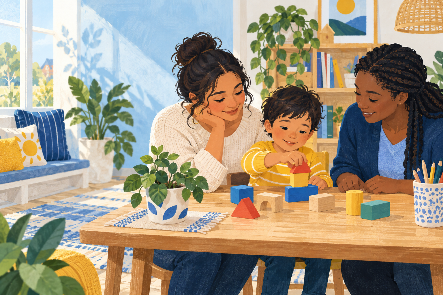 Editorial illustration of a caregiver, child, and clinician working together at a table